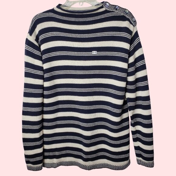 Laura Ashley Sweaters - Laura Ashley Navy & White Striped Cotton Sweater Button Shoulder Womens Medium